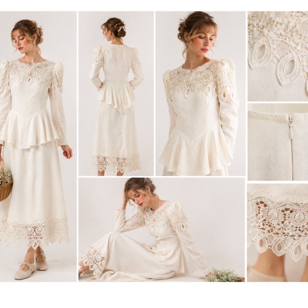 Vintage Jessica McClintock Dress Linen Lace Cottagecore Made in Hong Kong Sz S